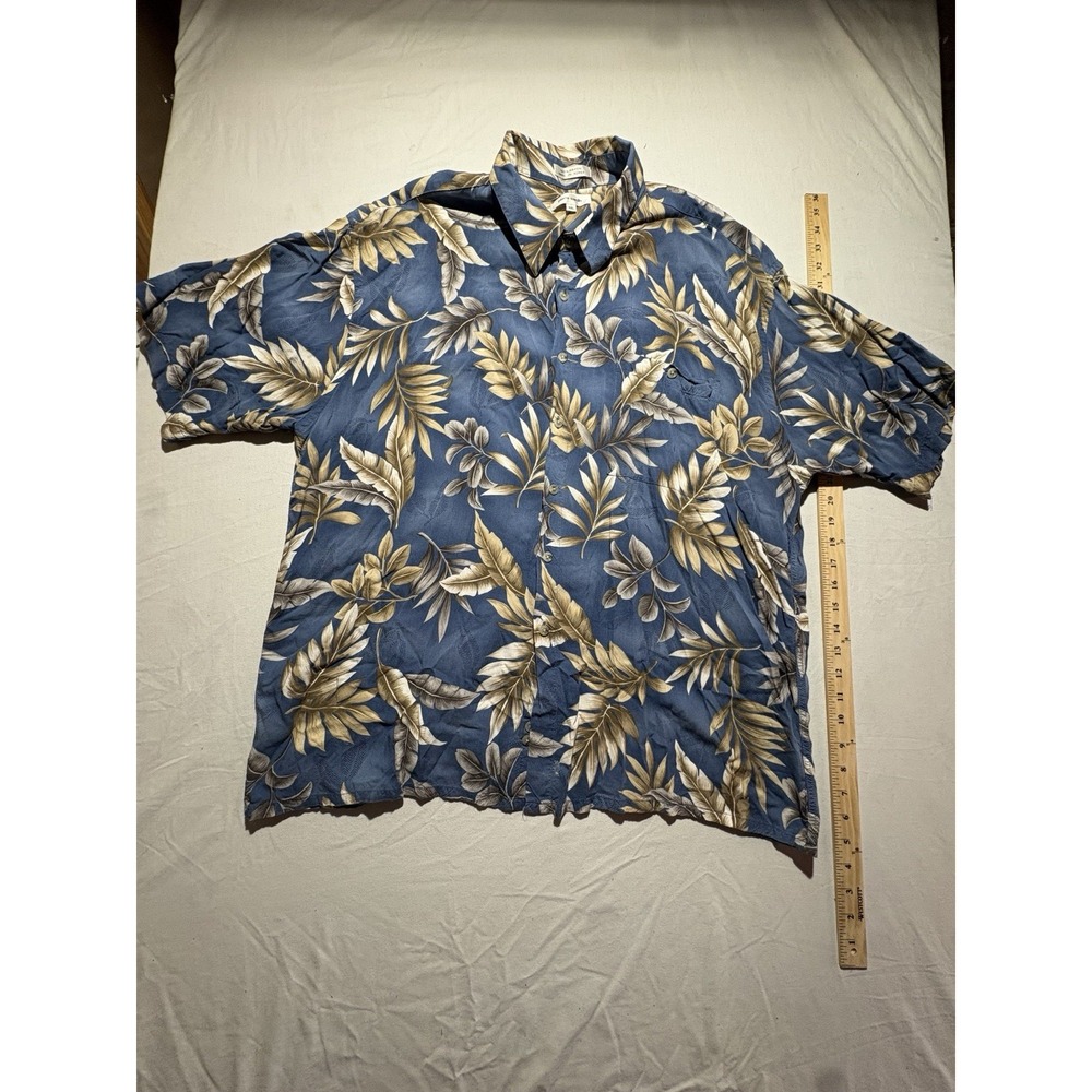 Pierre Cardin Mens XXL Hawaiian Floral Shirt 100% Rayon Blue Tropical Leaf Print